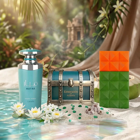 Bundle of Elite Risala Bubbliz Melodrop and Lattafa Mayar Natural Intense Eau de Parfum sprays in 100ml bottles.
