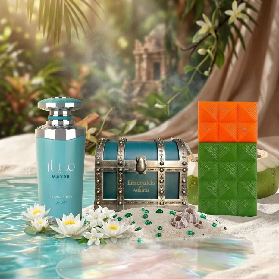 Bundle of Elite Risala Bubbliz Melodrop and Lattafa Mayar Natural Intense Eau de Parfum sprays in 100ml bottles.