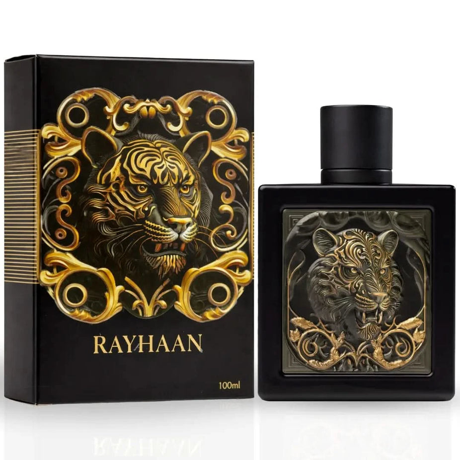 Rayhaan Tiger Eau de Parfum spray 100ml bottle, featuring a sleek design and vibrant tiger-themed label.