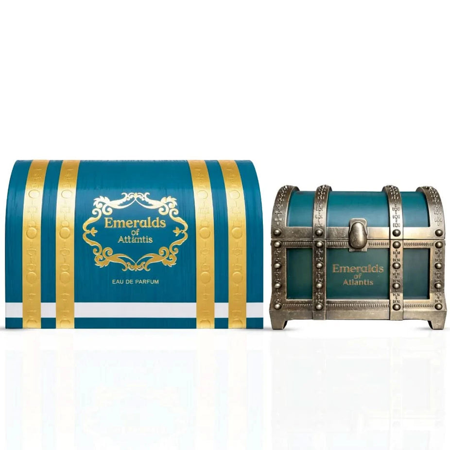 Emeralds of Atlantis Eau De Parfum spray by Elite Risala, 100ml bottle, with luxurious green and gold packaging.