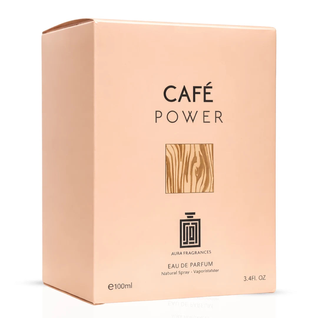 Aura Fragrances Cafe Power Eau De Parfum spray 100ml bottle, sleek design and elegant packaging for women.