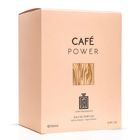 Aura Fragrances Cafe Power Eau De Parfum spray 100ml bottle, sleek design and elegant packaging for women.