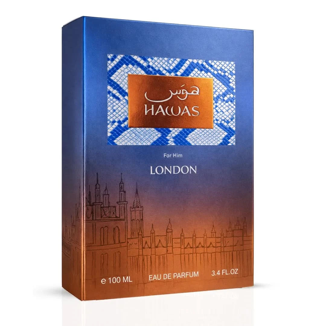 Rasasi Hawas London Eau De Parfum Spray 100ml bottle with sleek packaging and elegant design.