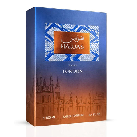 Rasasi Hawas London Eau De Parfum Spray 100ml bottle with sleek packaging and elegant design.