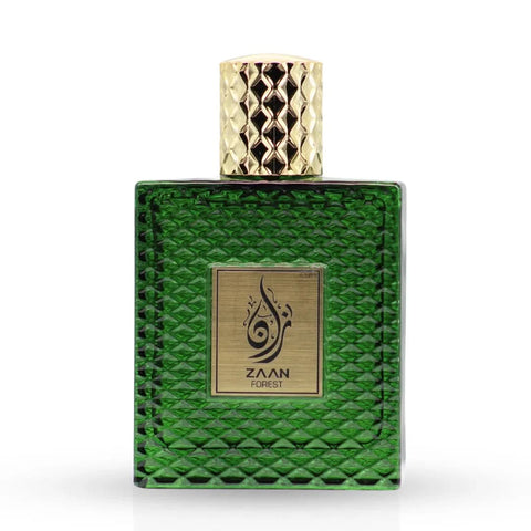 Aura Fragrances Zaan Forest Eau De Parfum spray bottle, 100ml, elegant design and natural scent visible in the image.