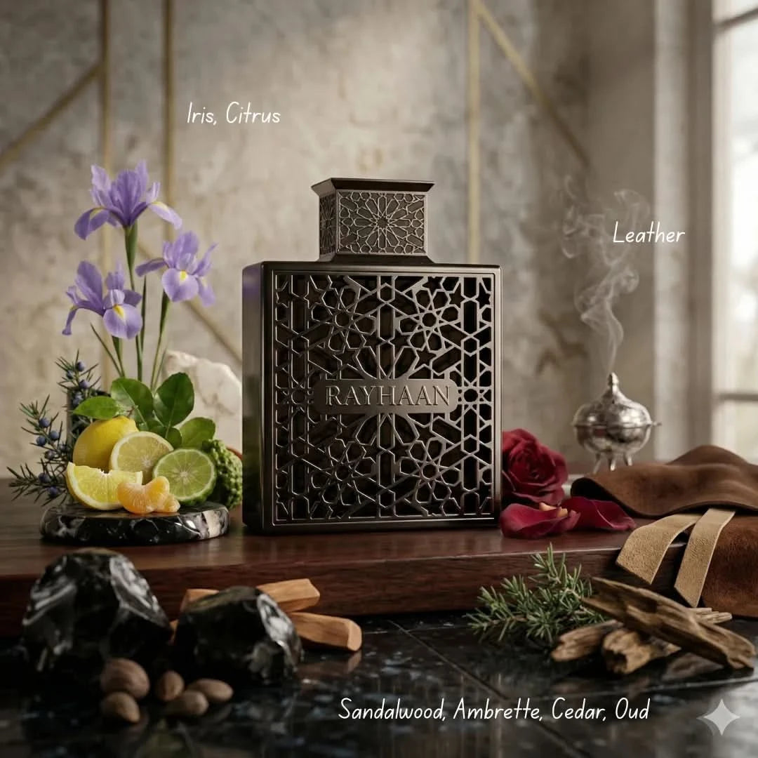 Rayhaan Obsidian & Rayhaan Terra Eau de Parfum Spray bundle, 100ml each, featuring stylish bottles and elegant fragrance design