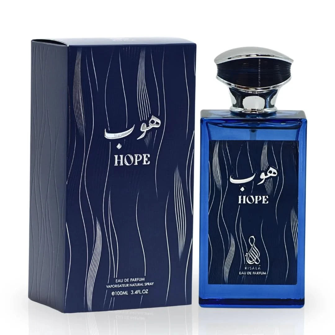 Risala Hope Eau De Parfum spray and perfumed body spray bundle, featuring elegant bottles in a stylish display.