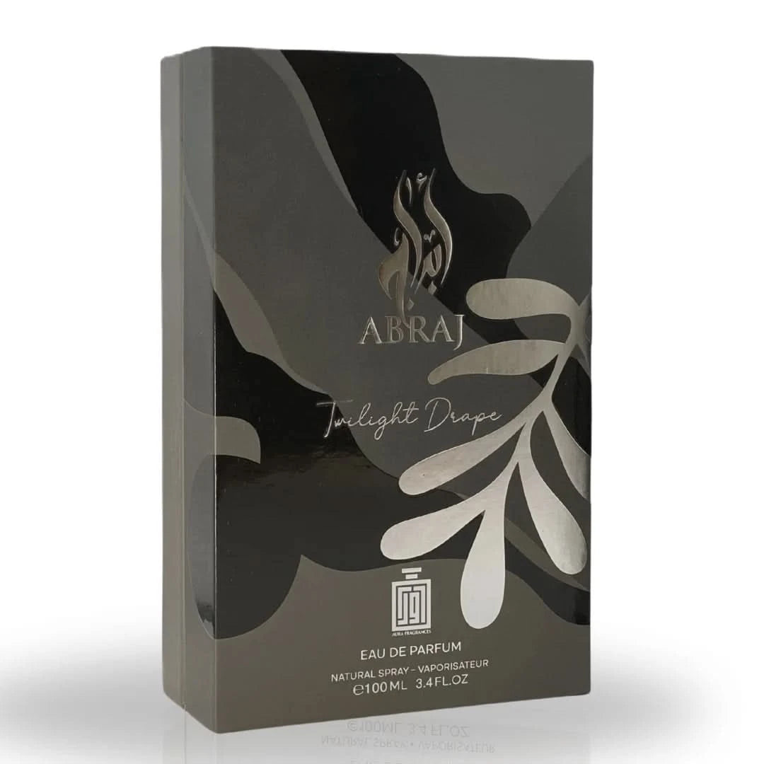 Aura Fragrances Abraj Twilight Drape Eau De Parfum spray, 100ml, elegant perfume bottle with a sleek design.