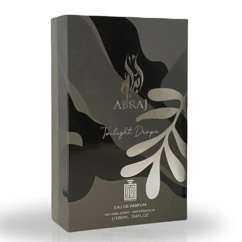 Aura Fragrances Abraj Twilight Drape Eau De Parfum spray, 100ml, elegant perfume bottle with a sleek design.