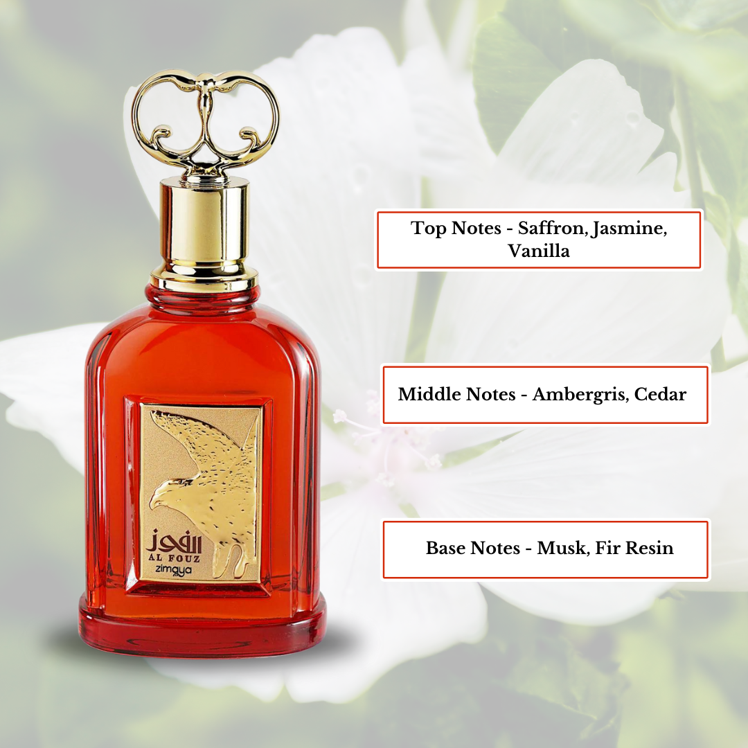 Zimaya Al Fouz Eau De Parfum 100ML bottle, floral and woody fragrance for men and women, long-lasting EDP spray.