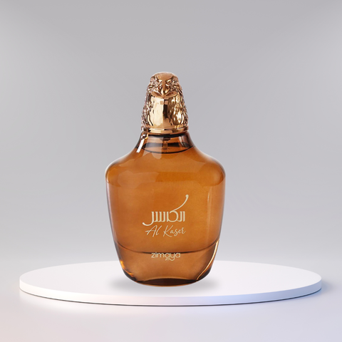 Zimaya Al Kaser Eau de Parfum spray 100ml with top notes, featuring elegant perfume bottle and floral fragrance details.