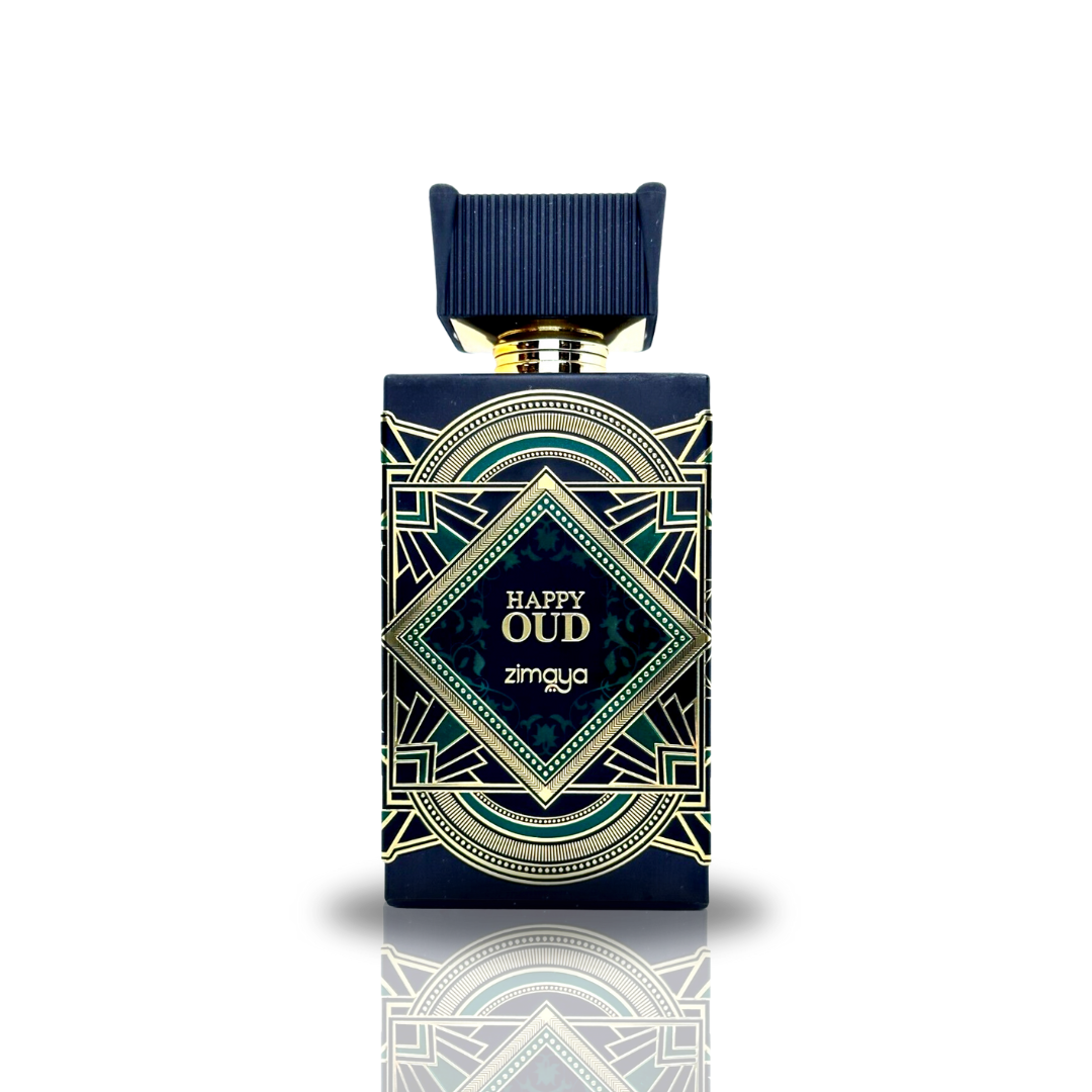 Zimaya Happy Oud Extrait De Parfum spray 100ml bottle with notes graphic, showcasing a long-lasting unisex fragrance design.