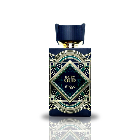 Zimaya Happy Oud Extrait De Parfum spray 100ml bottle with notes graphic, showcasing a long-lasting unisex fragrance design.