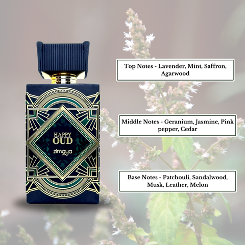 Zimaya Happy Oud Extrait De Parfum Spray 100ml unisex fragrance with notes graphic, showcasing the elegant perfume bottle.