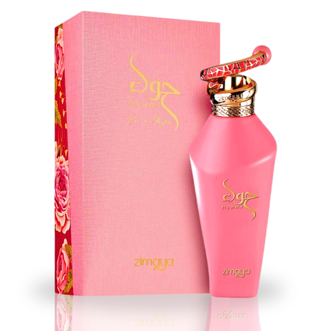 Zimaya Hawwa Red and Pink EDP Spray 100ml bottles with floral scent notes, showcasing the long-lasting, fresh perfume packaging.