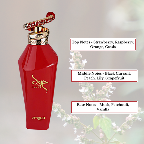 Zimaya Hawwa Red and Pink EDP spray bottles, 100ml, featuring floral and fresh scent in a long-lasting perfume packaging.