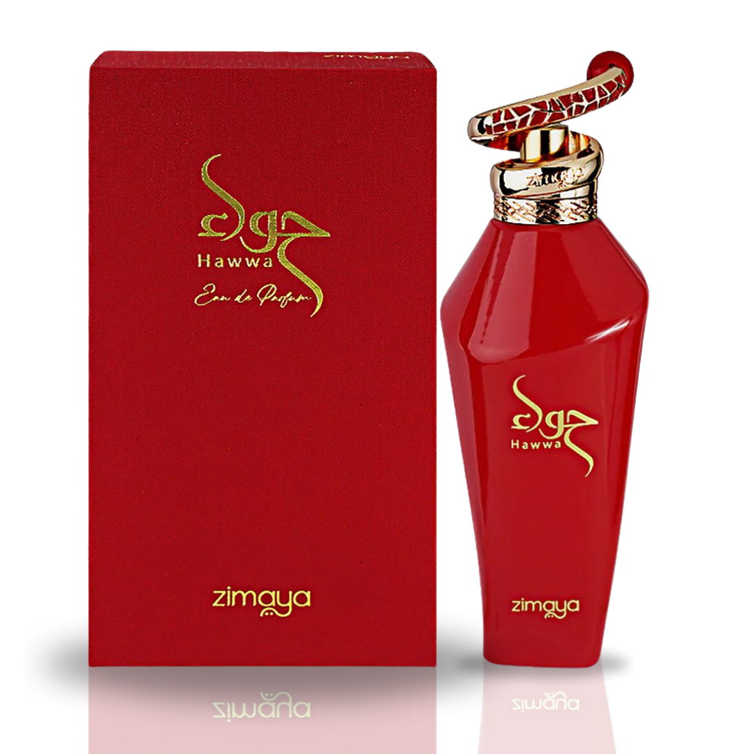 Zimaya Hawwa Red and Pink Eau De Parfum spray bottles, 100ml, featuring a floral, fresh scent in a long-lasting fragrance pack.