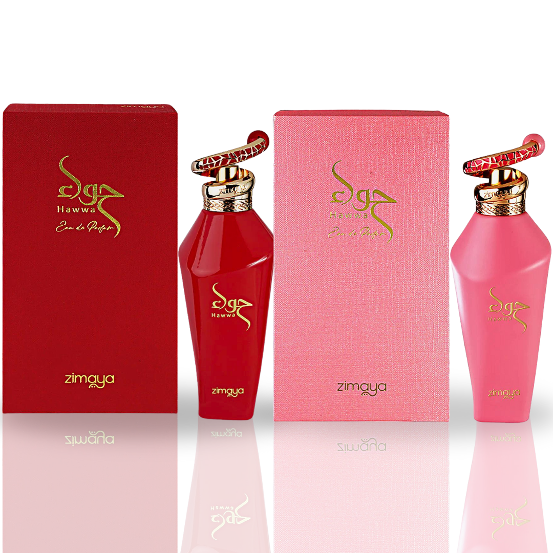 Zimaya Hawwa Red and Hawwa Pink Eau De Parfum spray bottles, 100ml, featuring long-lasting floral fragrances.