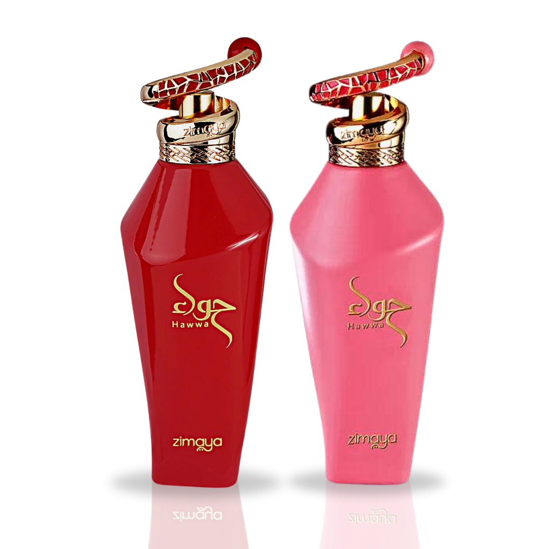 Zimaya Hawwa Red and Pink EDP Spray 100ML bottles, floral fragrance with long-lasting fresh scent, value pack display.
