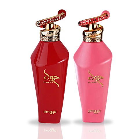 Zimaya Hawwa Red and Pink EDP Spray 100ML bottles, floral fragrance with long-lasting fresh scent, value pack display.