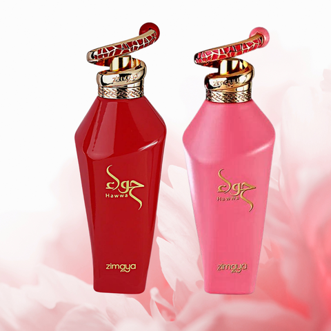 Zimaya Hawwa Red and Pink EDP Spray bottles, 100ml, featuring long-lasting floral scents in a vibrant perfume display.