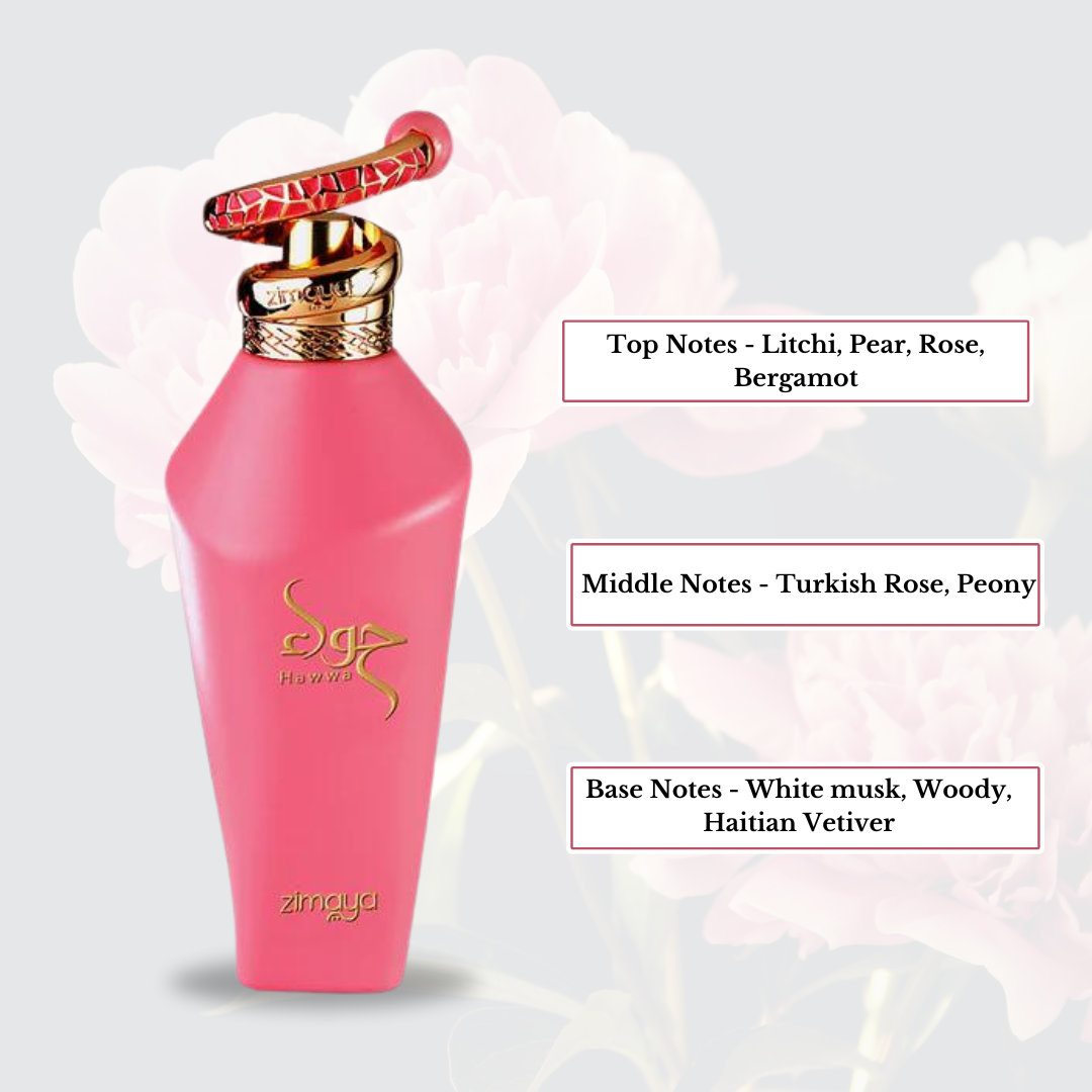 Zimaya Hawwa Red & Pink EDP spray 100ml with floral bouquet, showcasing the perfume bottles and vibrant top notes.