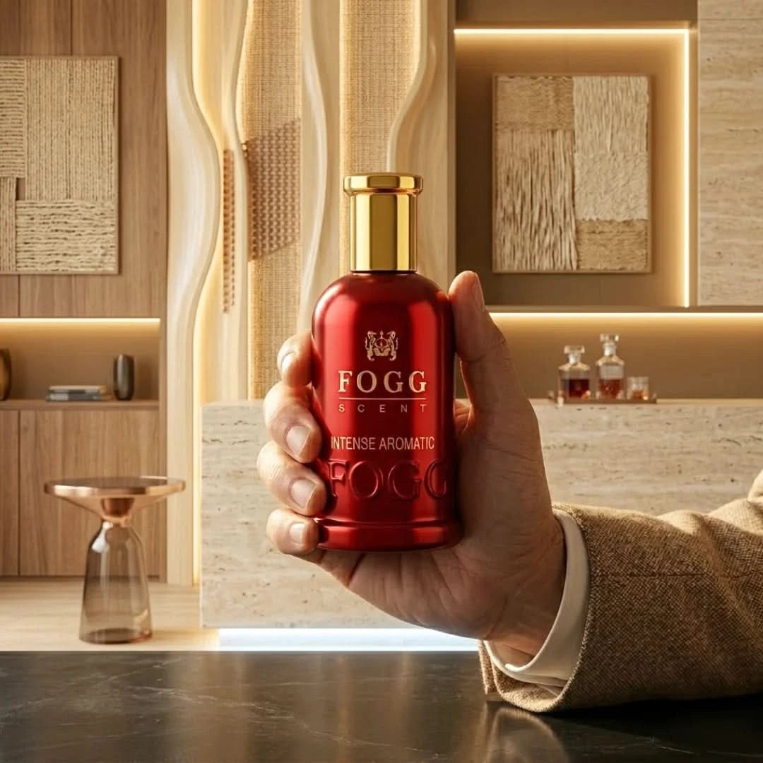Fogg Intense Aromatic for Men Eau de Parfum spray 100ml bottle with dark branding and sleek design.