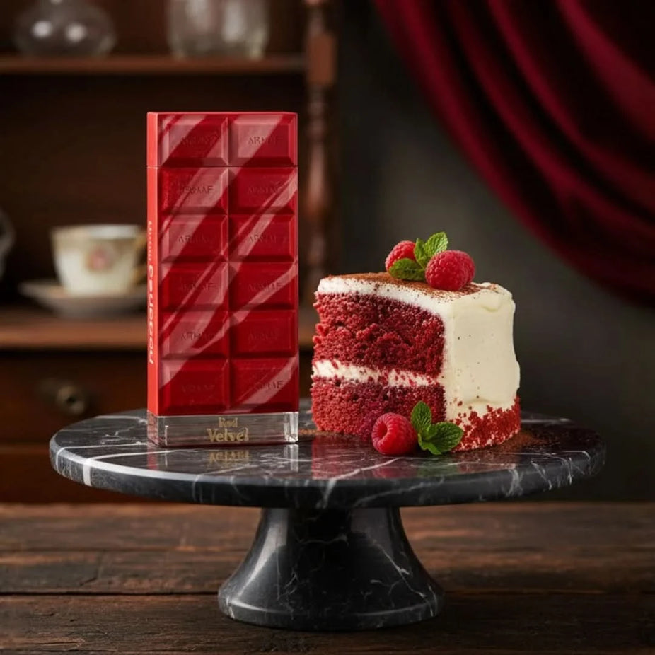 Dubai Delicacy Red Velvet Eau de Parfum Spray by Armaf, 70ml, featuring a luxurious red velvet bottle and elegant design.