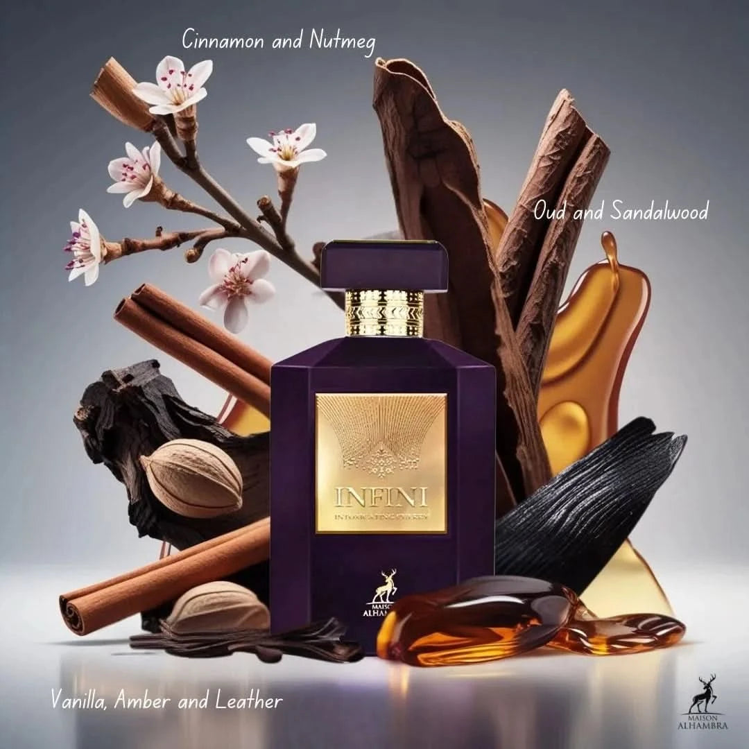 Maison Alhambra Infini Intoxicating Cherry Eau de Parfum spray in 100ml bottle with a velvet pouch, showcasing the elegant packaging.