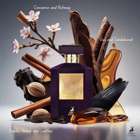 Maison Alhambra Infini Intoxicating Cherry Eau de Parfum spray in 100ml bottle with a velvet pouch, showcasing the elegant packaging.