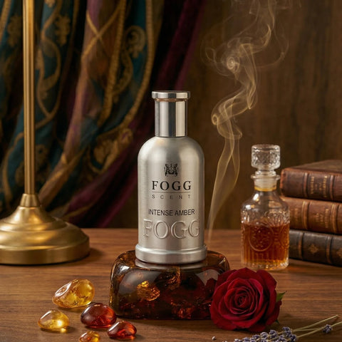Fogg Intense Amber Eau de Parfum spray for men, 100ml bottle with amber-colored liquid and sleek design.