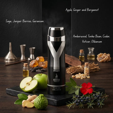 Elite Risala Yman Body Spray 200ml deodorant bottle, sleek design, with a silver cap and stylish label.