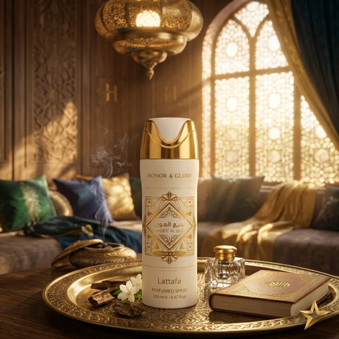 Lattafa Bade’e Al Oud Honor & Glory deodorant spray 300ml, featuring luxurious Oud fragrance in a sleek bottle.