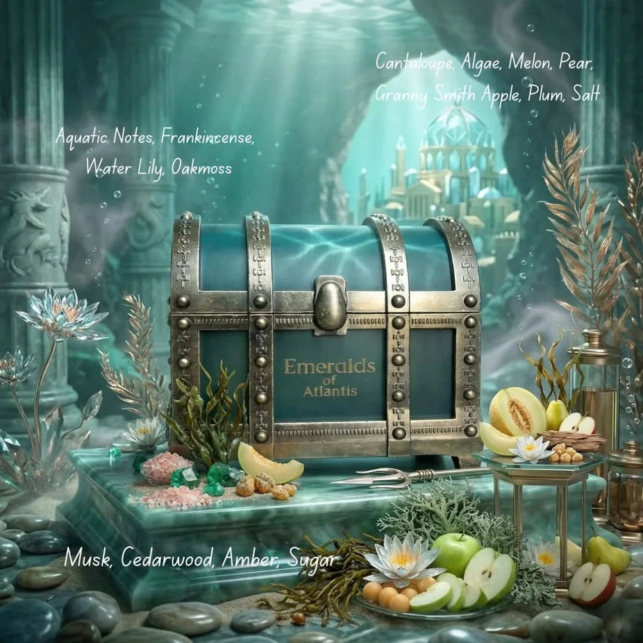Emeralds of Atlantis Eau De Parfum spray by Elite Risala, 100ml bottle with a sleek green design and elegant packaging.