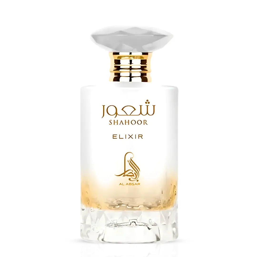 Al Absar Shahoor Elixir Eau de Parfum spray 100ml in a velvet pouch, showcasing elegant glass bottle and luxurious packaging.