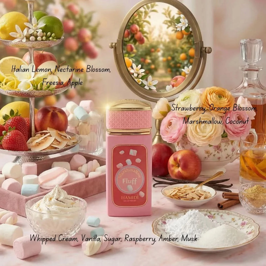 Hamidi Flame of Fire & Marshmallow Fluff perfume bundle, 100ml Eau De Parfum spray, featuring warm fire and sweet marshmallow scent