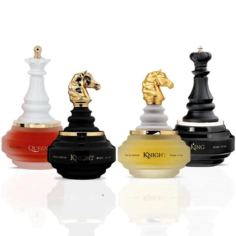 Armaf Checkmate Black Knight and White Knight Eau De Parfum sprays with King and Queen Check Mate bottles, 100ml collection.