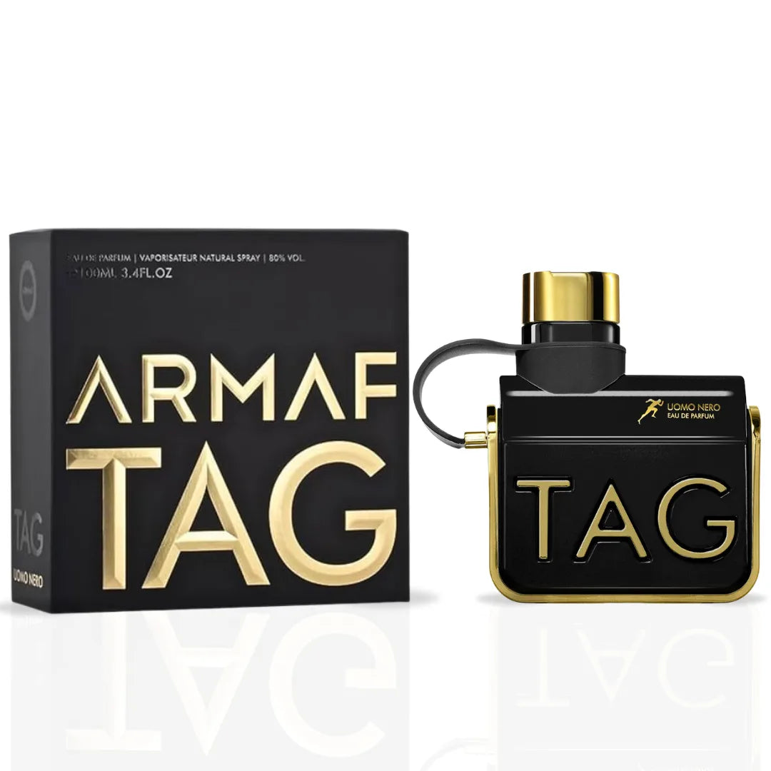 Armaf Tag Uomo Rosso and Nero Eau de Parfum spray bundle, 100ml each, featuring stylish bottles and sleek design.