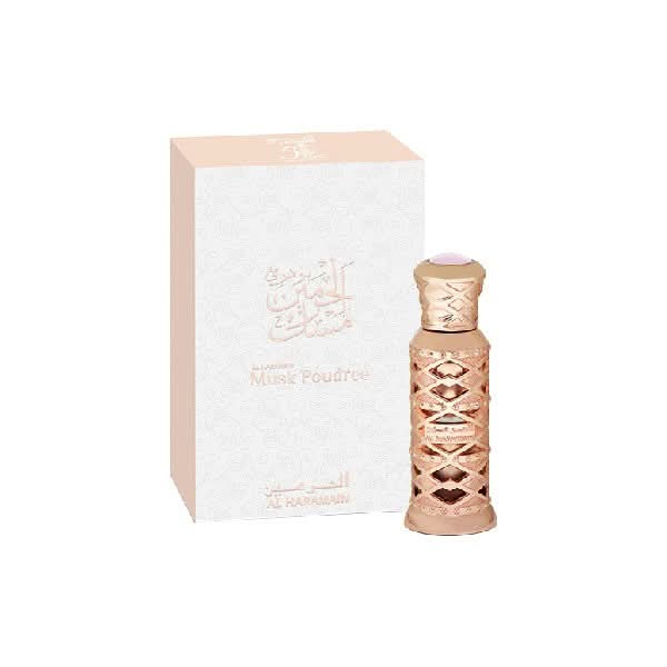 Al Haramain Musk Poudree perfume oil in 12ml bottle, concentrated fragrance with elegant packaging and a smooth, musky scent.