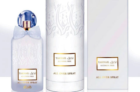 Rasasi Takhail All Over Spray Eau De Parfum 100ml with cedarwood, sandalwood, and musk notes, alcohol-free fragrance.