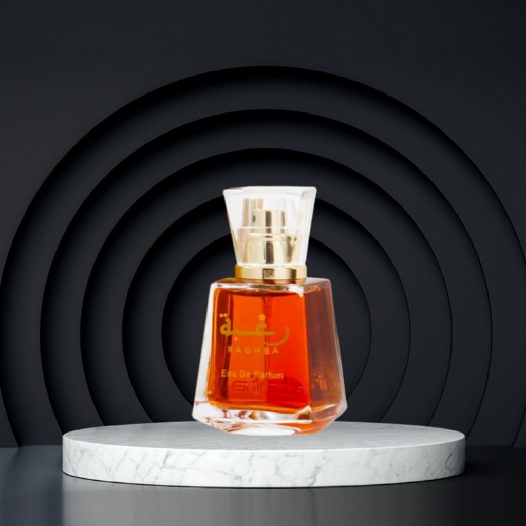 Lattafa Raghba for Women Eau De Parfum 30ML with pouch, showcasing the elegant perfume bottle and packaging.