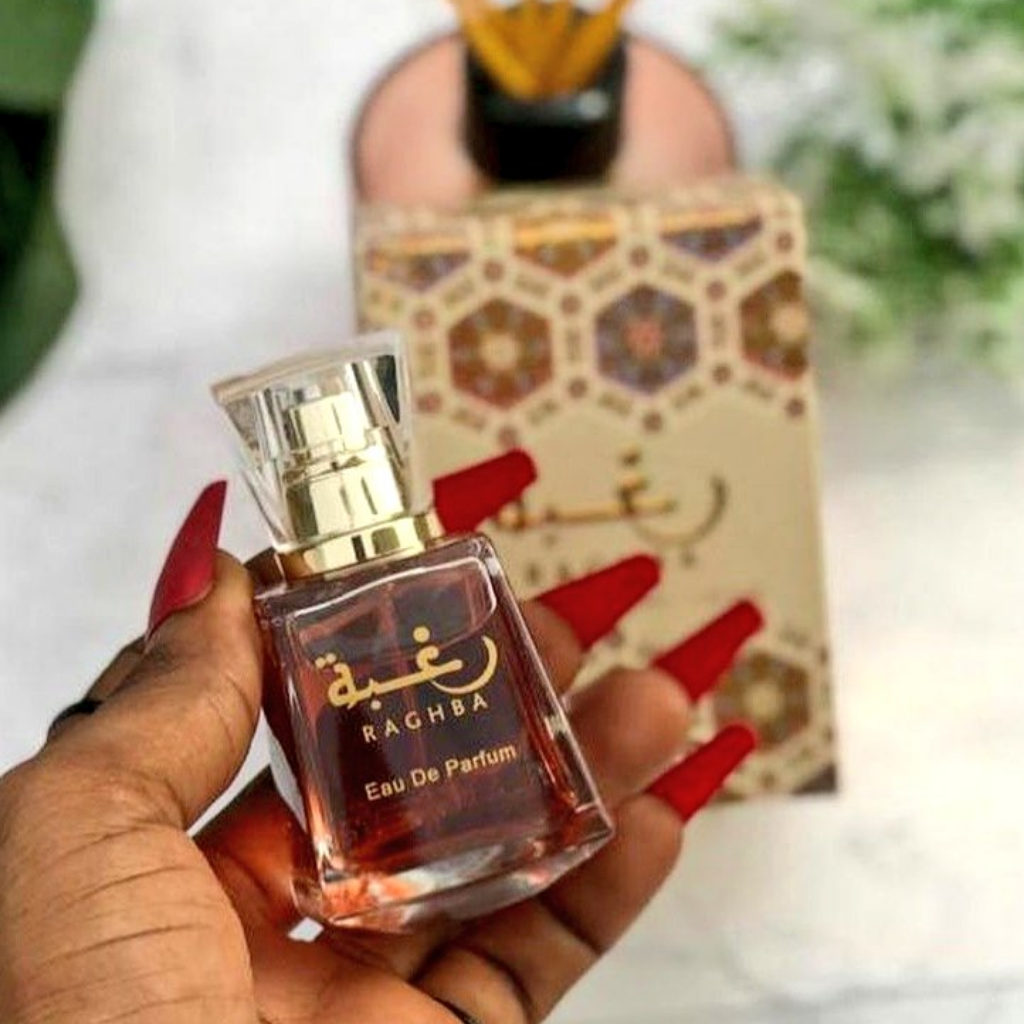 Lattafa Raghba for Women EDP 30ML with pouch, elegant perfume bottle and packaging for feminine fragrance.