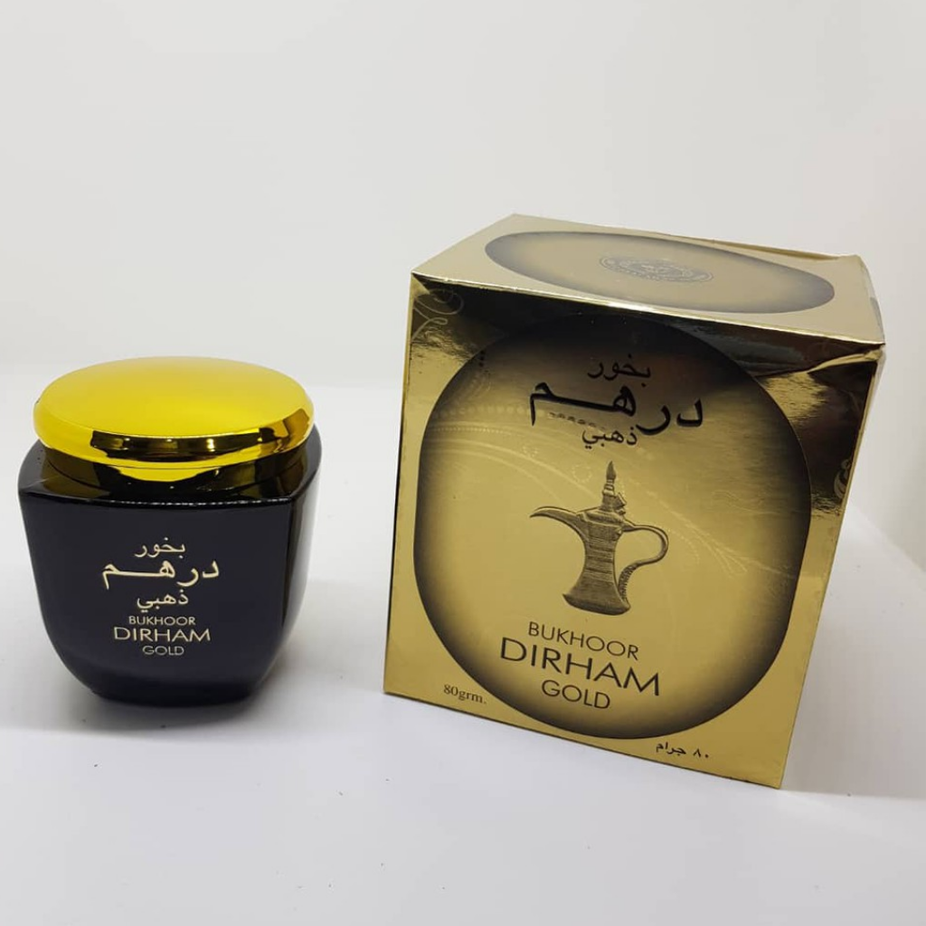 Bakhoor Dirham Gold by Ard Al Zaafaran in 80GMS, featuring sandalwood and jasmine scents, traditional Arabic incense.