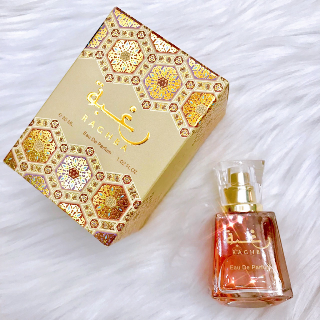Lattafa Raghba for Women Eau De Parfum 30ML with pouch, featuring elegant glass bottle and floral fragrance design