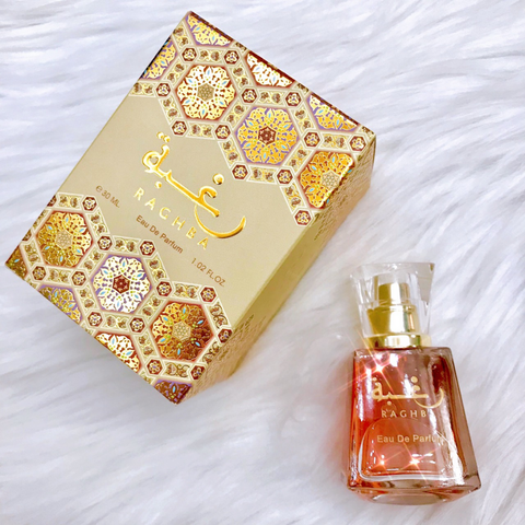 Lattafa Raghba for Women Eau De Parfum 30ML with pouch, featuring elegant glass bottle and floral fragrance design