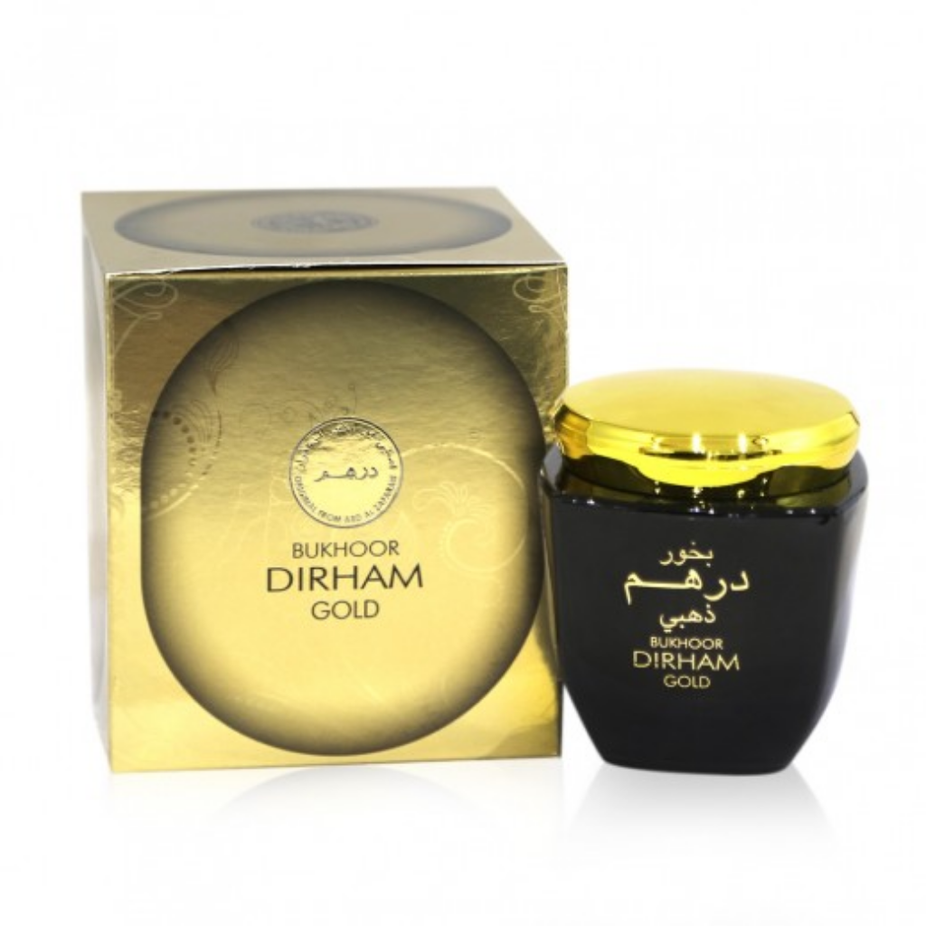 Ard Al Zaafaran Bakhoor Dirham Gold with sandalwood and jasmine scent, 80g, traditional incense for aromatic home fragrance.