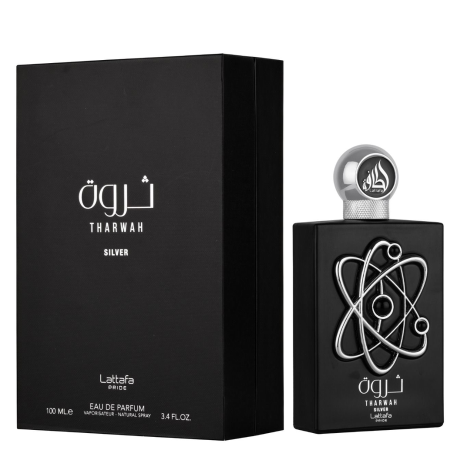Lattafa Pride Tharwah Silver EDP 100mL perfume bottle with elegant silver packaging and transparent glass design.
