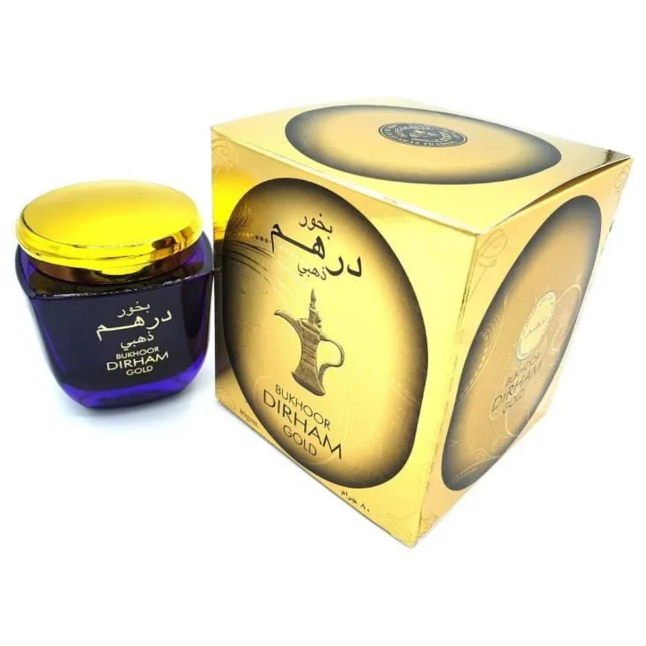Bakhoor Dirham Gold by Ard Al Zaafaran in 80g, featuring sandalwood and jasmine scent notes, traditional incense for home use