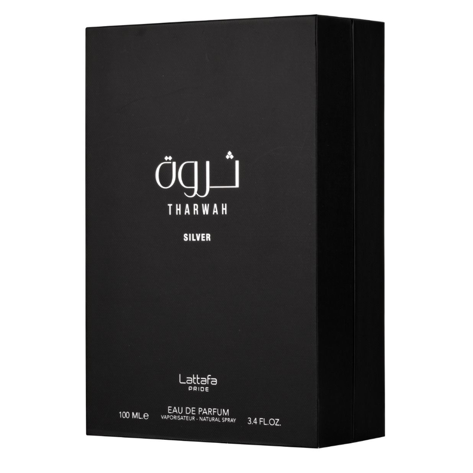 Lattafa Pride Tharwah Silver EDP 100mL perfume bottle with sleek silver design and elegant packaging.
