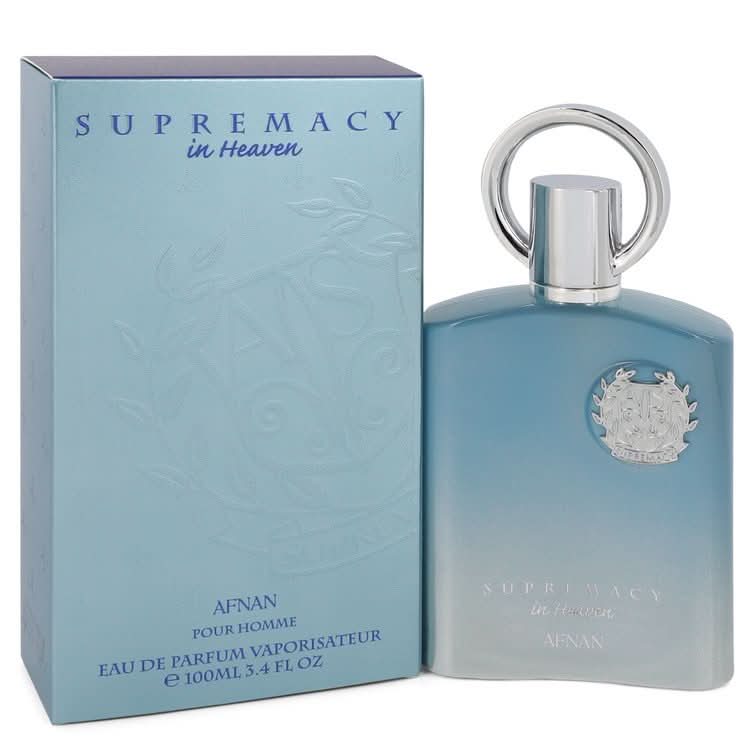 Afnan Supremacy in Heaven Eau De Parfum spray bottle, 100ml, with elegant packaging and floral fragrance design.